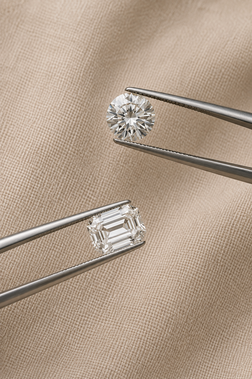 Round brilliant and emerald cut diamonds held in tweezers